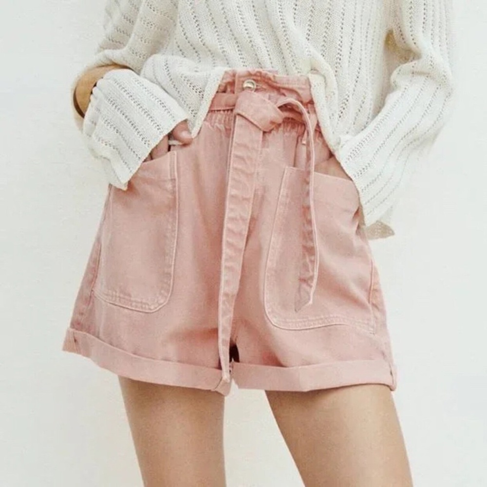 Zara High Waist Paperbag Pink Denim Womens Shorts with Belt size 2 (34)